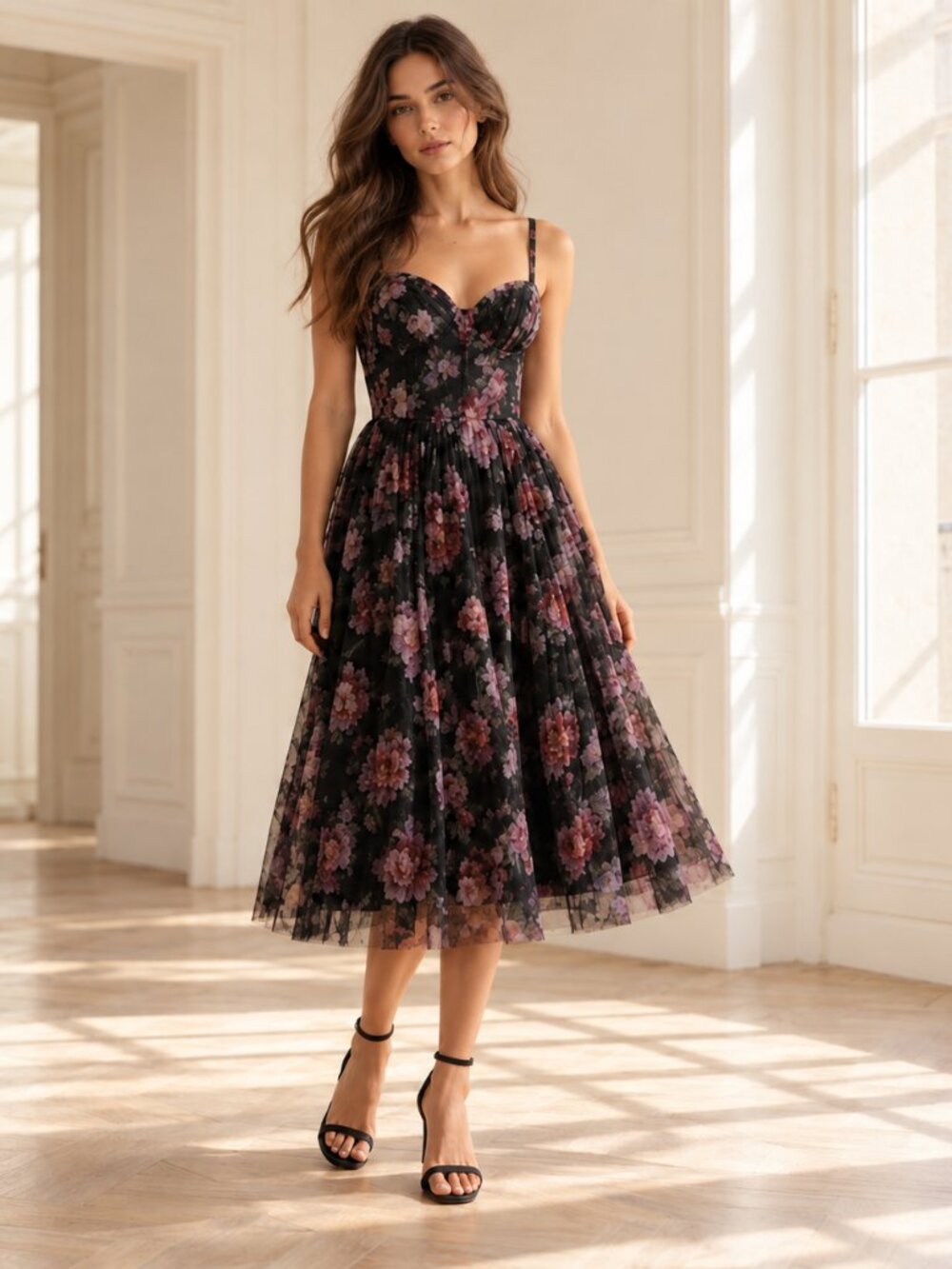 Lulus Floral Tulle Midi Dress Black Whimsigoth Romantic Formal NEW Holiday Party